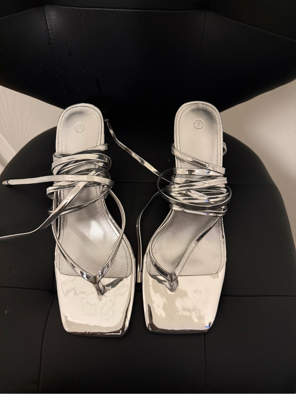 Fashion Nova Silver Strappy Square-Toe Wrap Heels